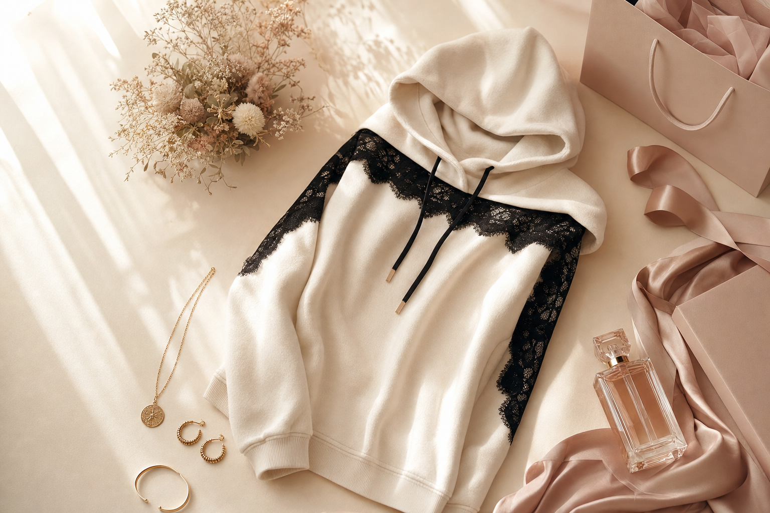 Feminine boutique styling with soft hoodie, lace, gold jewelry, and blush packaging