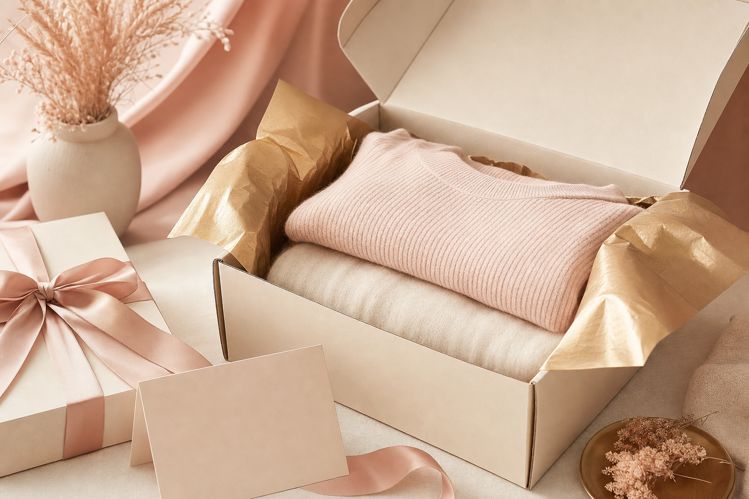 Boutique packaging with folded apparel, gold tissue paper, and satin ribbon
